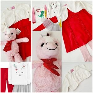 Bundle 24M red and pink, unicorn plush, velvet dress, pajamas and sweater.